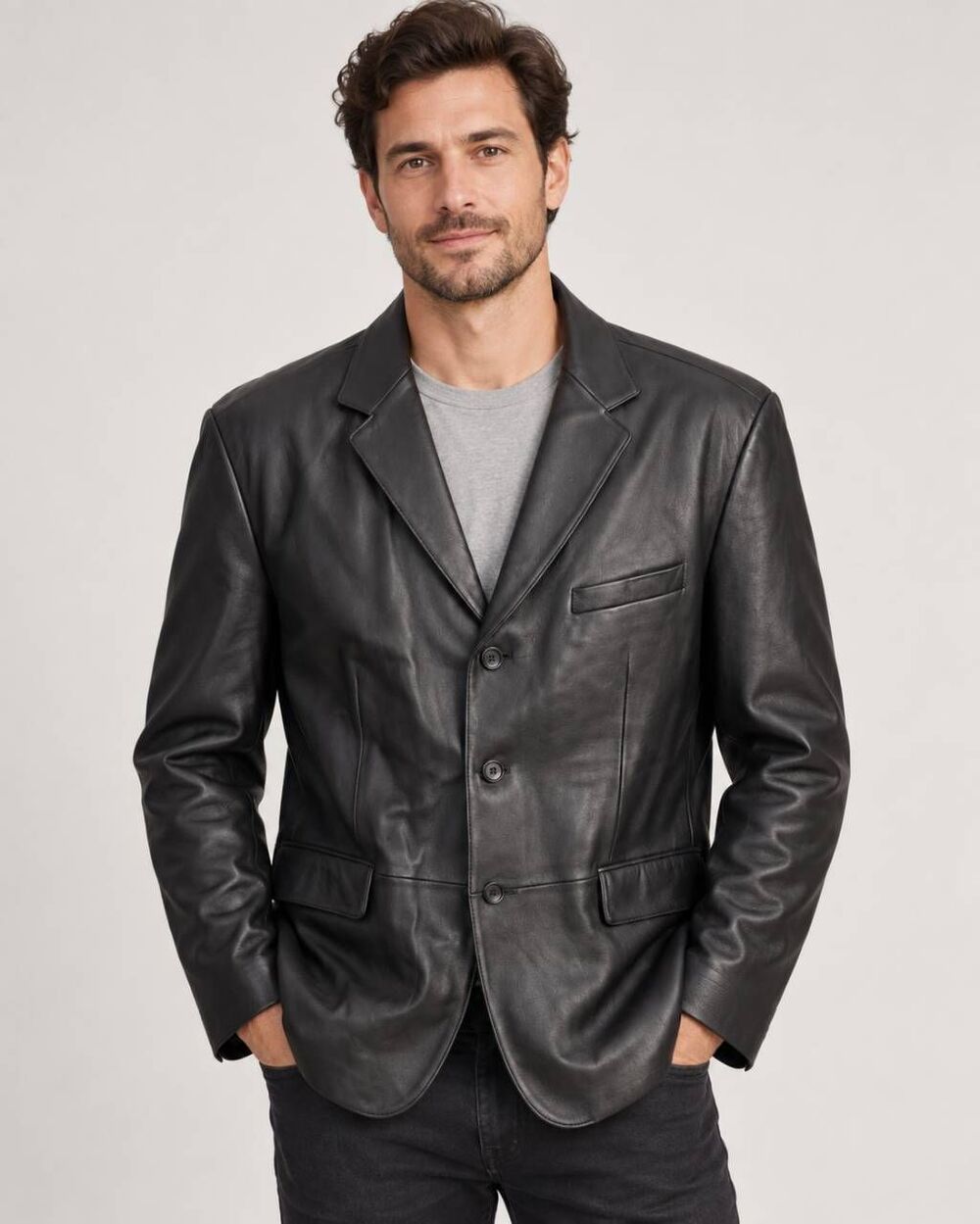 Stafford Men’s Genuine Lambskin Leather Blazer Black Size L 3 Button Jacket
